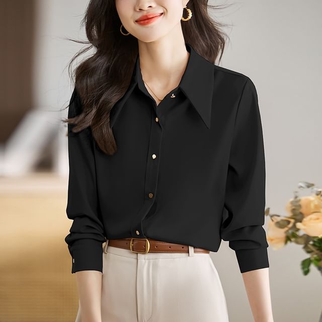 INEN-Long-Sleeve Satin Plain Shirt