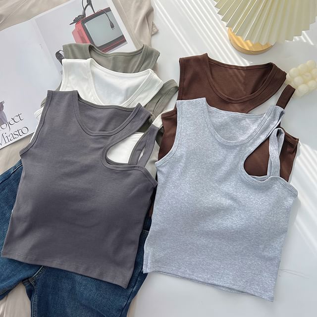 DIYI-Crew Neck Plain Cutout Padded Tank Top