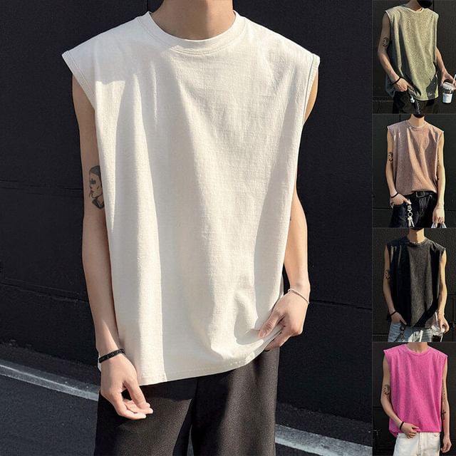 Bay Go Mall-Round Neck Plain Washed Tank Top