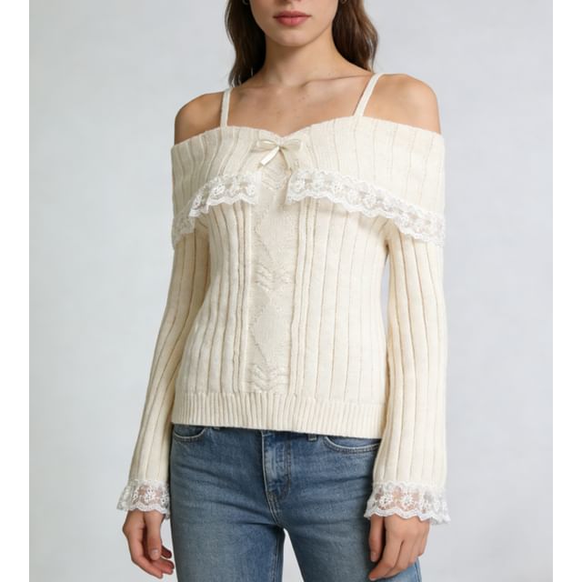 Rosesand-Langärmliger schulterfreier Pullover mit Spitzenbesatz und Schleife im schlichten Rippenstrick und lockerer Passform