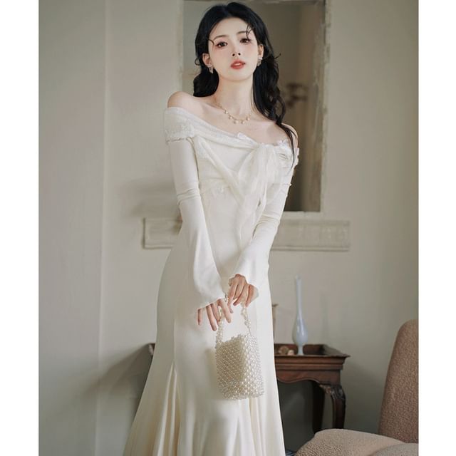 AMOS - Long-Sleeve Off Shoulder Plain Maxi Mermaid Dress / Open Front Cape  | YesStyle