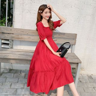 a line midi dresses with short sleeves Lavender Floral A Line Flared Dress – Gillori