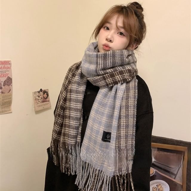 Combon-Plaid Fringed Scarf