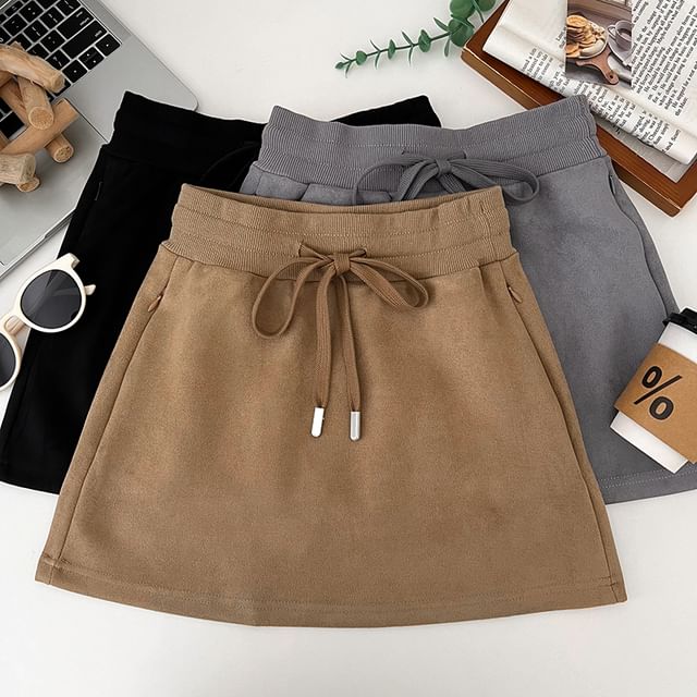 DIYI-Drawstring Waist Plain Mini A-Line Skirt