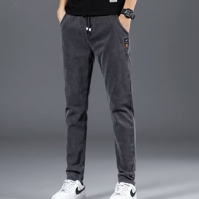 Acrius-Drawstring Waist Washed Slim Fit Jeans