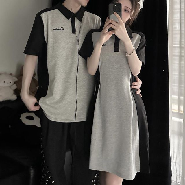 Azure Couple Matching Short-Sleeve Lettering Two-Tone Polo Shirt