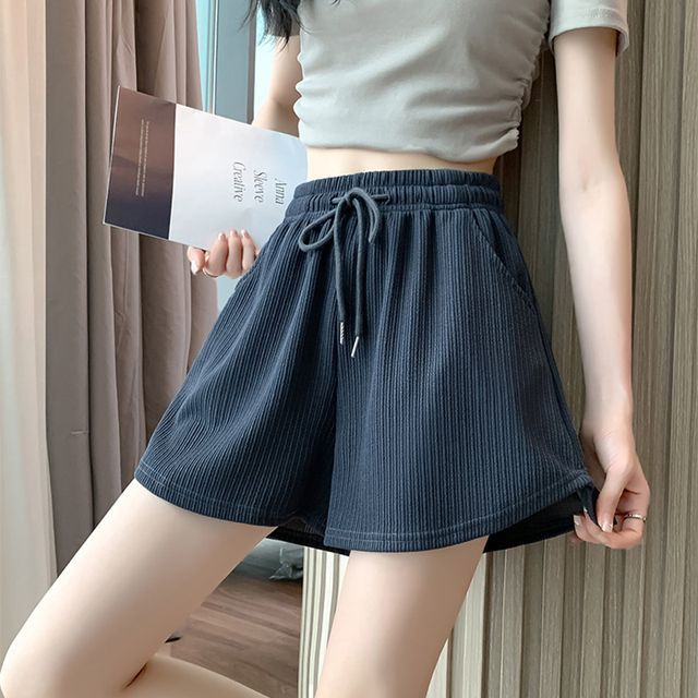 Everose-Drawstring Waist Plain Sweat Shorts