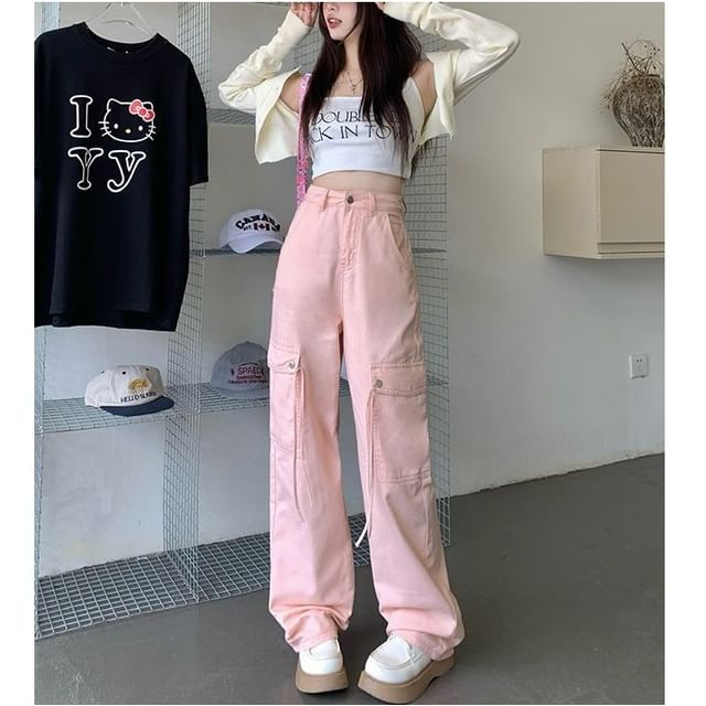 Denimot-High Rise Plain Wide Leg Cargo Pants