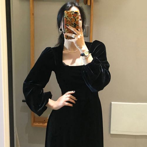 Coris Long Sleeve Midi A Line Velvet Dress YesStyle