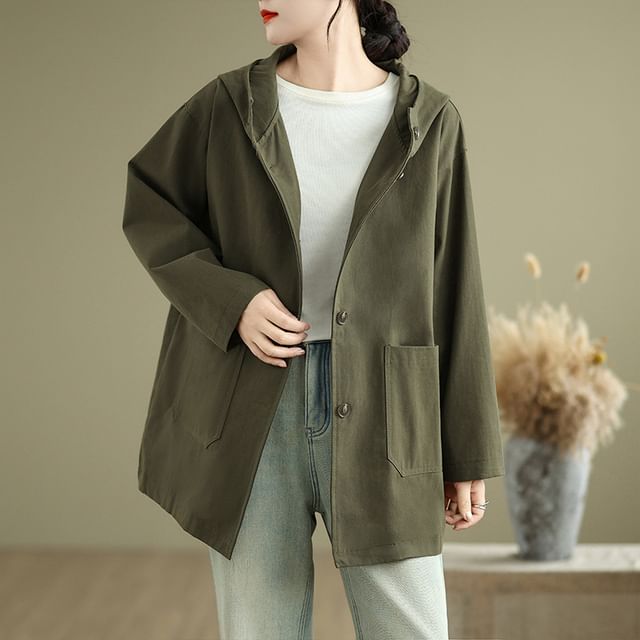 Lewwe-Plain Hooded Single-Breasted Coat