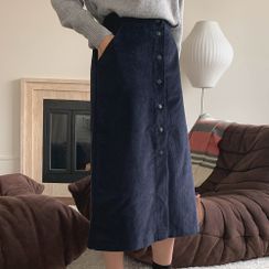 CHERRYKOKO - Buttoned Midi Corduroy Skirt