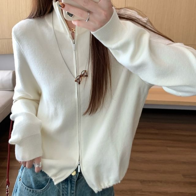 Beem-Turtleneck Plain Drawstring Hem Zip Cardigan