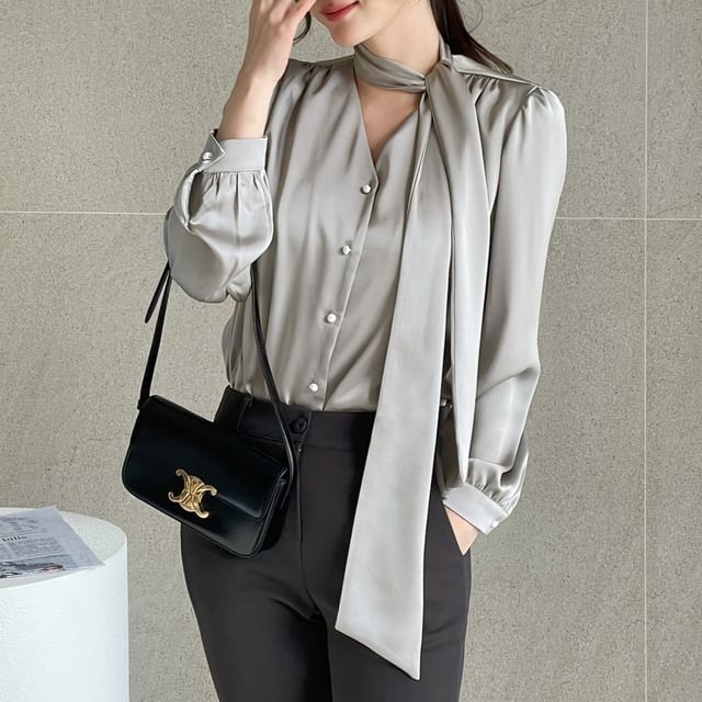 Coris-Long-Sleeve Tie-Neck Button-Up Plain Satin Blouse