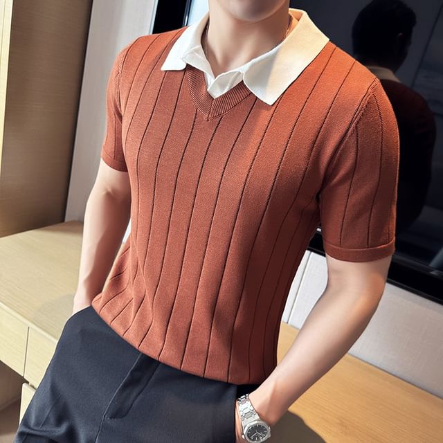 Deepwood-Mock Two-Piece Short-Sleeve Collared Knit Top
