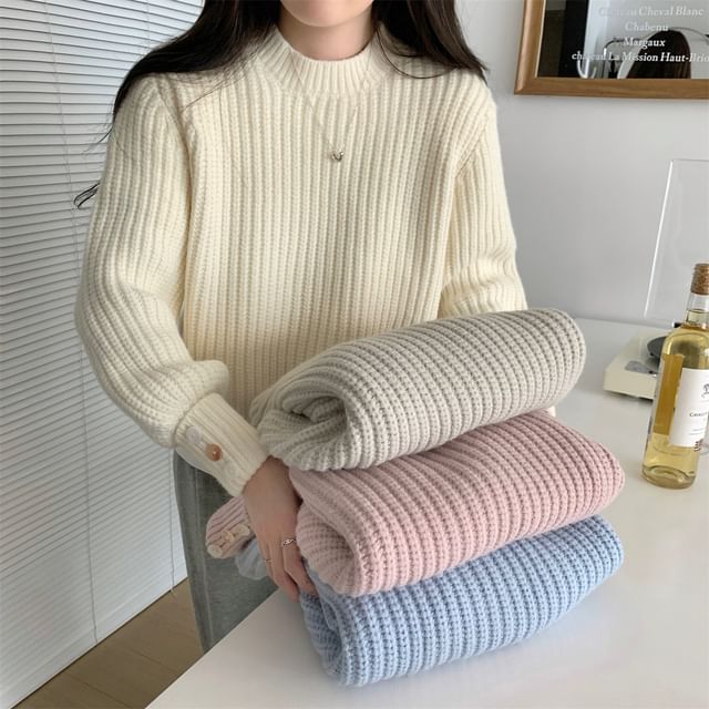 Essere-Puff-Sleeve Crew Neck Plain Ribbed Sweater