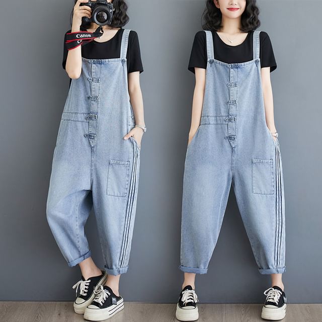 Lewwe-Washed Denim Cropped Baggy Dungarees