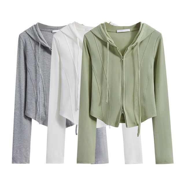 Green Cropped Jacket Plain Hoodie Dawnlow Plain Seam Front Double