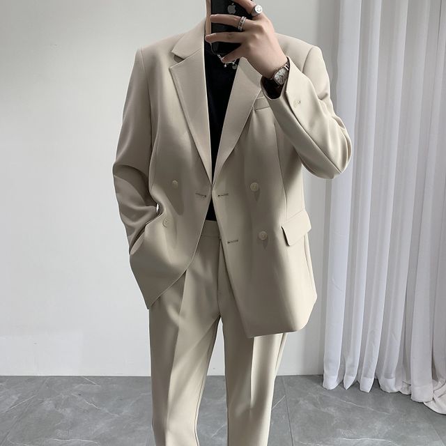 Lefitt-Set Double-Breasted Blazer Straight Leg Pants