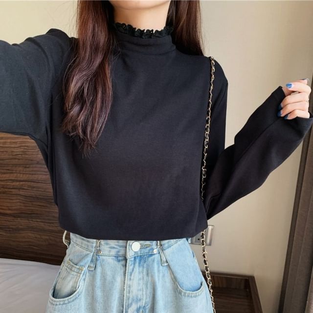 Essere-Long-Sleeve Mock Neck Plain Top