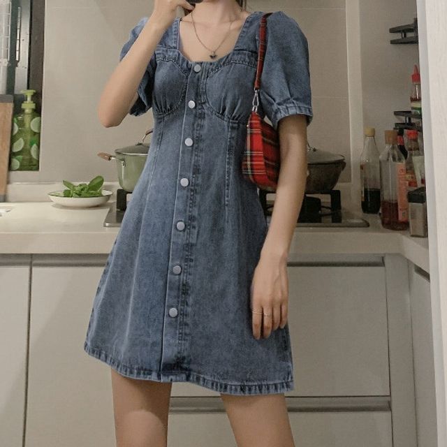 Smooch - Puff-Sleeve A-Line Denim Dress | YesStyle