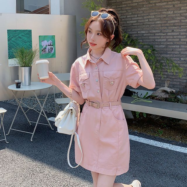 Tzarkozy - Short-Sleeve Collared Plain Button Mini A-Line Cargo Dress |  YesStyle