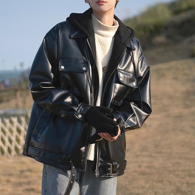 WidoWilder-Faux Leather Zip-Up Padded Jacket