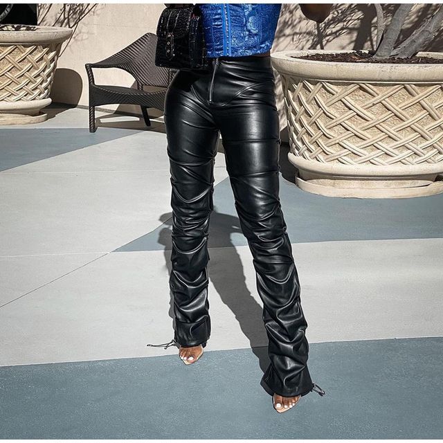Kobeque - Faux Leather Boot-Cut Pants 