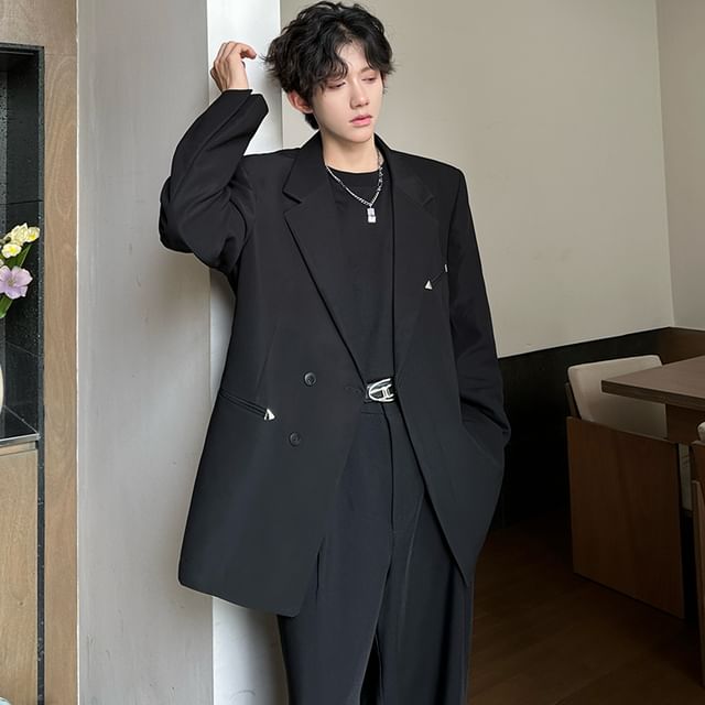 Freehop-Plain Double-Breasted Blazer