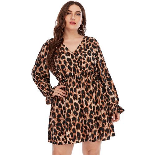 Clarfoun - Plus Size Long-Sleeve Leopard Print Mini A-Line Dress | YesStyle