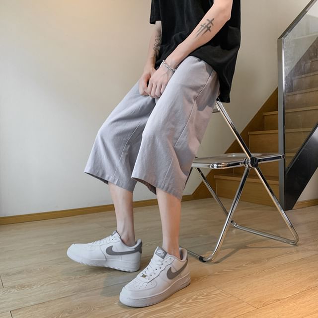 Aozora-Mid Rise Plain Capri Wide Leg Pants