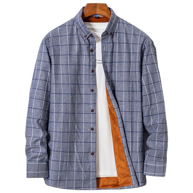 Fireon-Long Sleeve Collared Plaid Fleece Lined Button Shirt