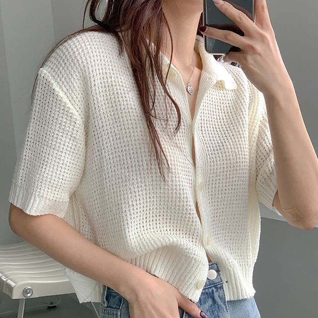 Janerium-Short-Sleeve Collared Plain Button Up Knit Top