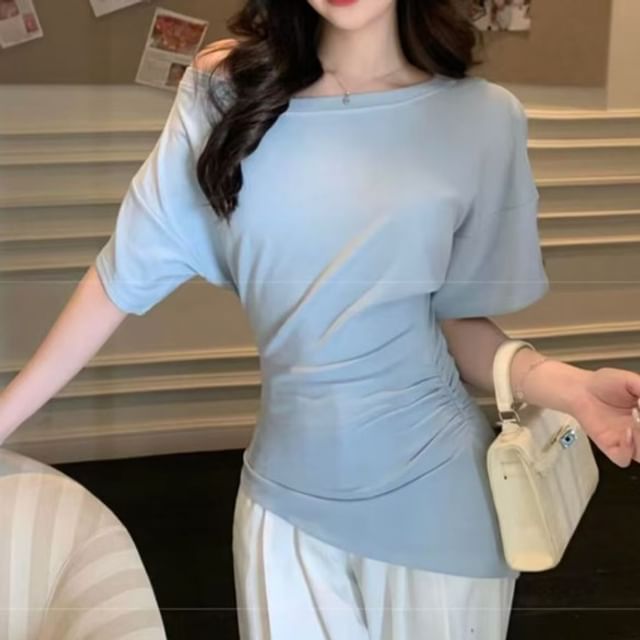 Everose-One-Shoulder Short-Sleeve Plain T-Shirt