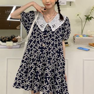 Moon City-Short-Sleeve Floral Print A-Line Mini Shirtdress-One Size