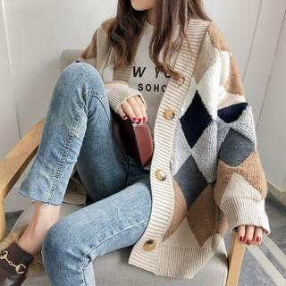 Coline-Argyle Button-Up Cardigan