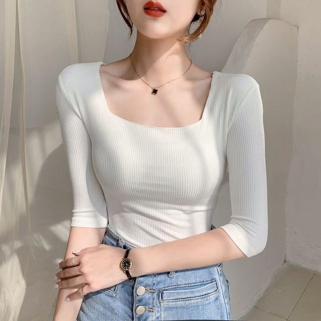 Juuri-34-Sleeve Square-Neck T-Shirt
