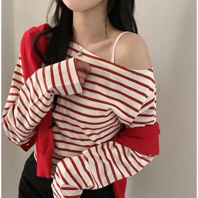 MIKIGA-Long-Sleeve Off Shoulder Striped Top
