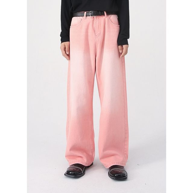 pinkdropper-Mid Rise Washed Wide Leg Jeans