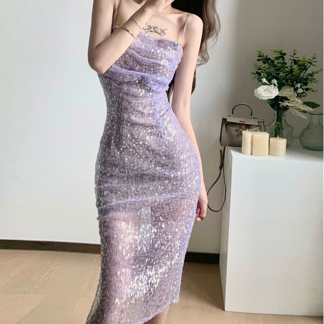 bodycon dress mesh sleeves Sequin Bodycon Midi Tank Dress BURGUNDY / S main image 1