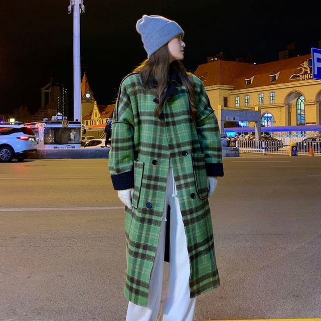 JVL-Lapel Collar Plaid Reversible Fleece-Lined Double-Breasted Long Coat