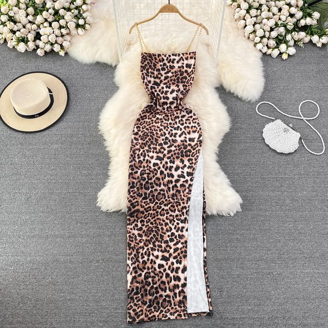 Yearnin - Chain Strap Leopard Slit Maxi Dress | YesStyle