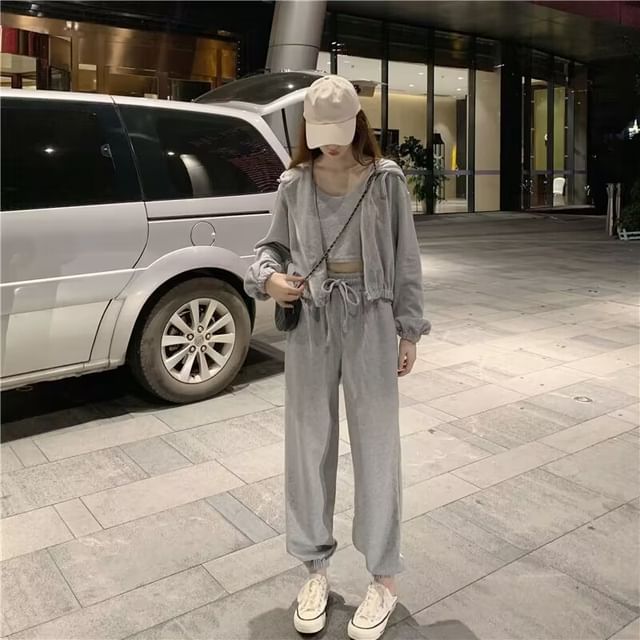Dovitade-Set Plain Crop Cami Top Hooded Zip Jacket Drawstring Waist Baggy Sweatpants