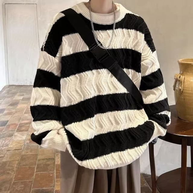 Wescosso-Crew Neck Striped Oversized Sweater