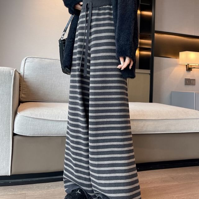Dragan Pulse-Drawstring Waist Striped Wide Leg Knit Pants