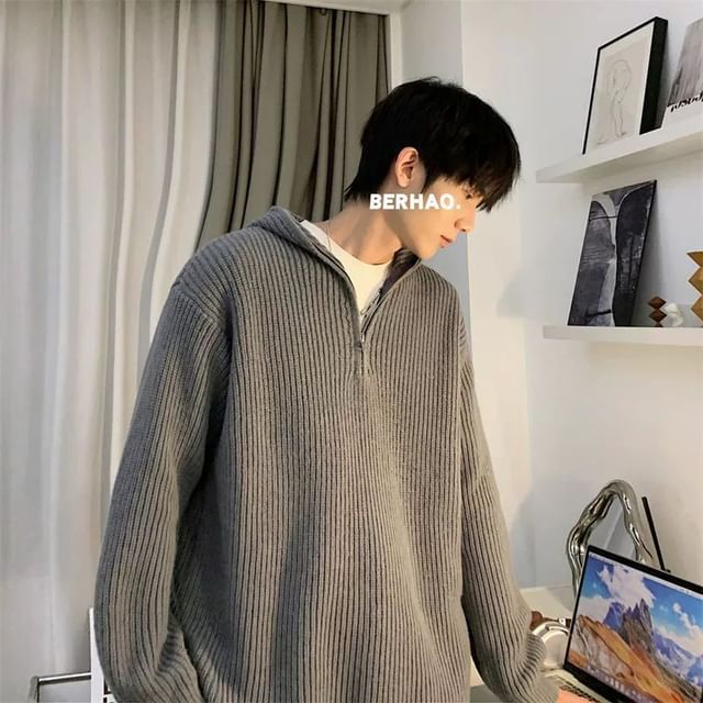 Wescosso-Hooded Plain Half Zip Ribbed Knit Oversized Sweater