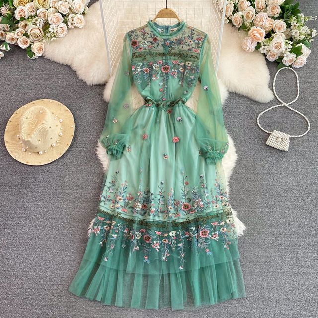 sachin and babi light blue dress Blue 1930s Floral Embroidered Mesh Long Sleeve Dress