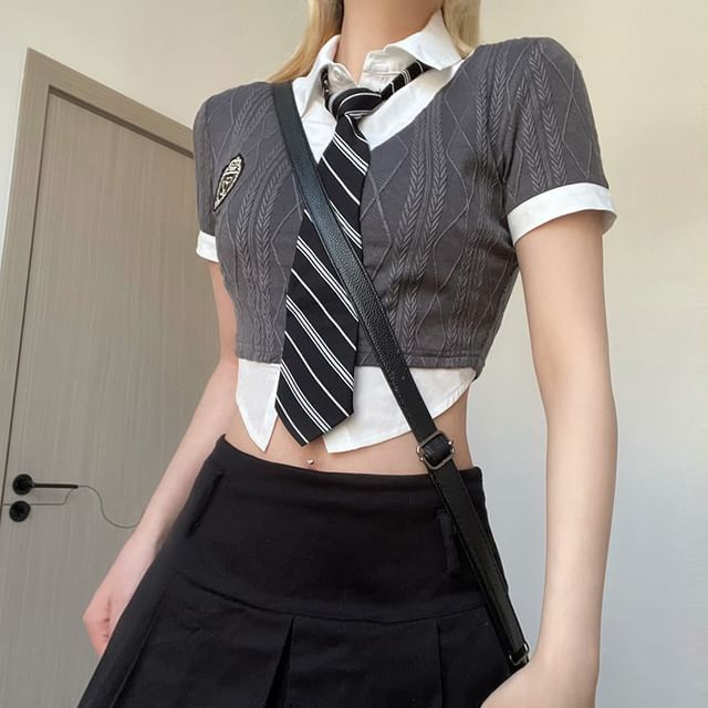 Phurlow - Mock Two-Piece Short-Sleeve Badge Embroidered Collared Crop