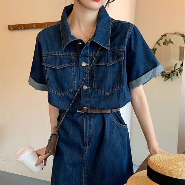denim henley dress GAP Dress Womens M Blue Maxi Denim Shirt Henley Popover Waist Tie Boho  Cottage