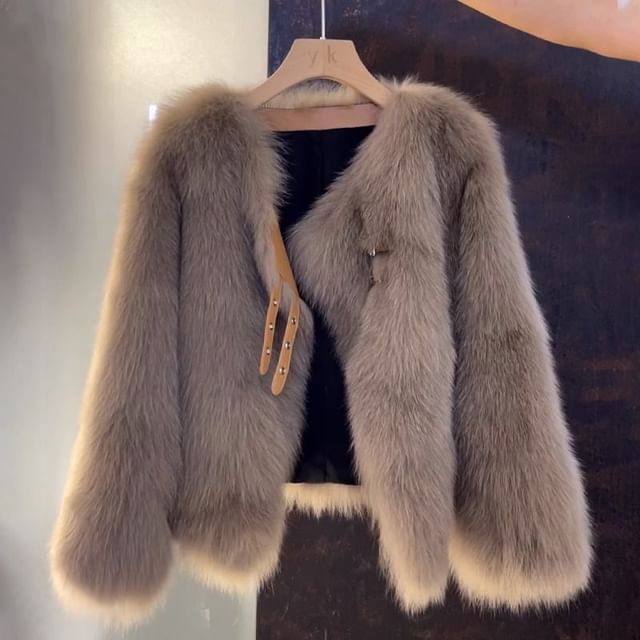 INEN-V-Neck Plain Faux Fur Buckle Jacket