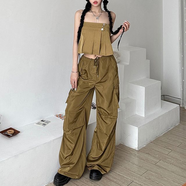 Sosana - Pleated Tube Pants | Wide-Leg / YesStyle Buckle-Accent Low Top Waist Loose-Fit Cargo